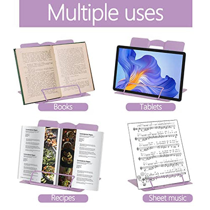 Metal Book Stand Adjustable Book Holder for Reading | Portable & Sturdy For Textbooks Cookbooks Sheet Music Papers Study - color: Full Purple