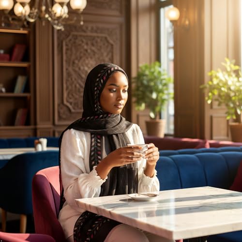 Hijab Modest and Elegant | Beautifully Designed Printed Chiffon Patterns | Muslim Women Head Scarf and Veil - color: Black P