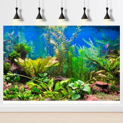 Aquarium Background Various Underwater Grass Plants Aquarium Backdrop Vivid and Fresh Green Aquatic Plants Stone River Bed and Dead Wood Purple Stone Fish Tank Background 24x12in - color: Seagrass Green, size: 24(W)x12(H)inches/ 60(W)*30cm(H)