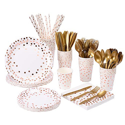 YAOSHENG 201 Pieces Rose Gold Party Supplies - Rose Gold Dot on White Paper Plates and Napkins Cups Silverware Serves 25 Sets for Wedding Bridal Shower Engagement Birthday Parties.(Rose gold dot) - color: Rose gold dot
