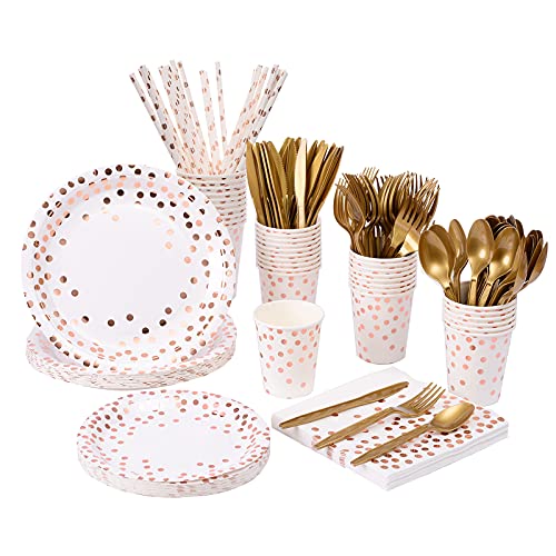 YAOSHENG 201 Pieces Rose Gold Party Supplies - Rose Gold Dot on White Paper Plates and Napkins Cups Silverware Serves 25 Sets for Wedding Bridal Shower Engagement Birthday Parties.(Rose gold dot) - color: Rose gold dot