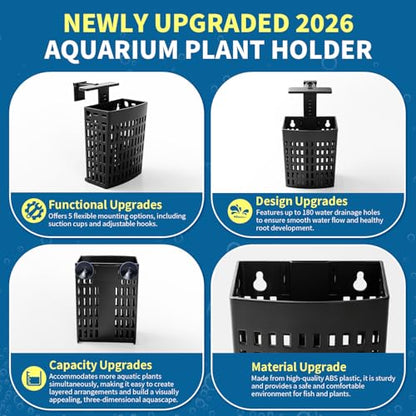 Newly Upgraded Aquarium Plant Holder | Adjustable in Height and Width with Extendable Hook and Suction Cup 4-Pack for Planting Aquatic Plants and Aquariums (Black) - color: Black