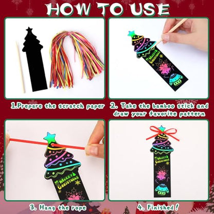 JUNEBRUSHS 30Pcs Christmas Scratch Bookmarks, Rainbow Magic Scratch Paper Art Christmas Tree Santa DIY Crafts Kit for Xmas Hanging Ornaments Christmas Party Favors Gifts - style: Christmas Style