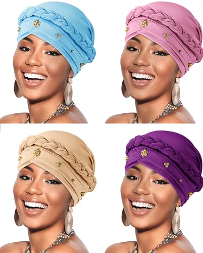 SATINIOR 4 Pieces Turban for Black Women African Cap Head Wraps Beaded Headscarf Beanie Wrap - color: Light Blue, Light Purple, Pink, Khaki, style: Bead Style