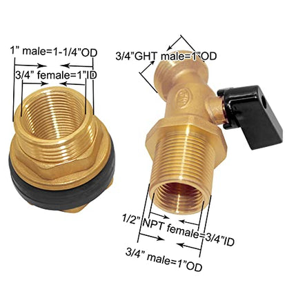 Joywayus Brass Water Container/Rain Barrel Spigot Kit 3/4" Threaded | Quarter Turn Ball Valve, 3/4" Female to 1" Male Bulkhead Fitting, Water Tank Connector, Fit for Garden Hose - style: Style 2
