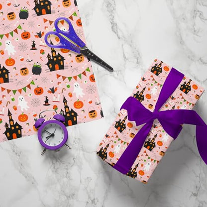 Cuitpan Halloween Wrapping Paper - Spooky Gift Wrap with Pumpkins, Ghosts, Haunted Houses & Bats Design - Perfect for Kids & Adults Halloween Presents - 40×28 Inches, 4 Folded Sheets - color: Pink-Halloween
