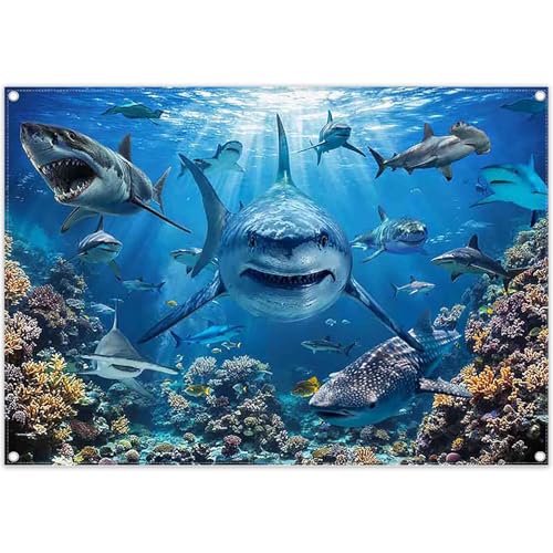 7x5ft Shark Theme Under the Sea Photography Backdrop | Underwater World, Kids Party Supplies, Aquarium Coral Reef Shallows Banner, Deep Ocean Photo Booth, Polyester, Grommets, 1PC - size: 7'x5'