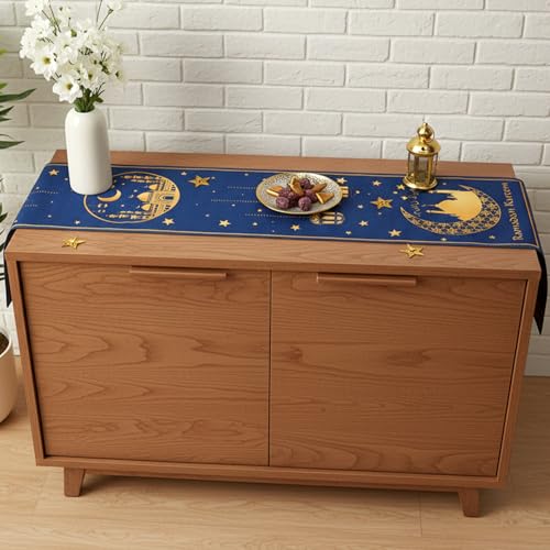 Eid Mubarak Table Runner, Eid Mubarak Decorations, Ramadan Kareem Table Runner, Blue and Golden Moon Star Ramadan Holiday Table Decorations for Ramadan Home Kitchen Dining Party Supplies, 13" X 72" - size: 13" x 72"