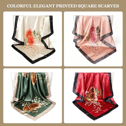 DRESHOW 35” Large Square Satin Head Scarf - 4Pcs Silk Accessories Classic Patterned Squares Beach Bandanas for Women - color: 4 Pcs Printed: Light Pink, Red, Army Green, Beige