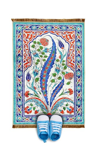 SODEF Kids Prayer Rug Velvet Play Mat Turquoise Colorful 24x45 in Soft Comfortable Non-Slip Seccade for Muslim Children - Multicolor