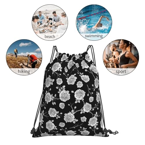 Breathable Polyester Drawstring Bag Black Roses Pattern, Large Capacity String Backpack for Swimming Pool - color: Pattern (362)