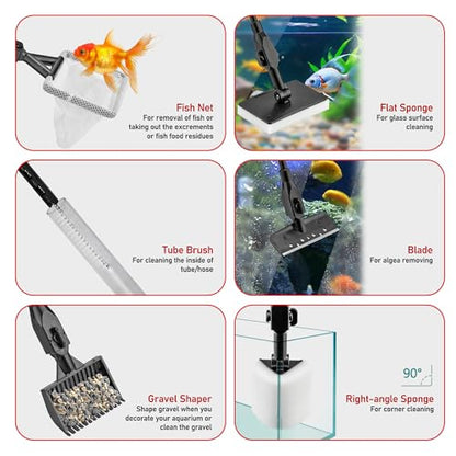 6 in 1 Aquarium Cleaning Tool Algae Scraper for Fish Tank Cleaning | Professiona Fish Tank Cleaning Tool Including Brush Sand Rake Pad with Telescopic Handle Tank Glass Cleaner Kit