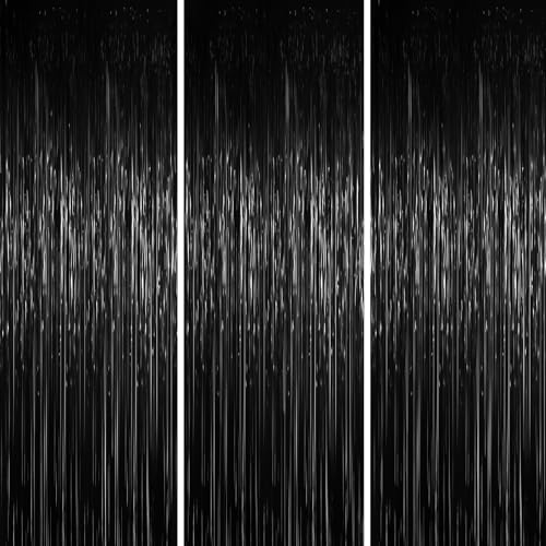 Voircoloria Foil Fringe Backdrop Curtains, 3.3x6.6ft,Black, 3pcs - color: Black