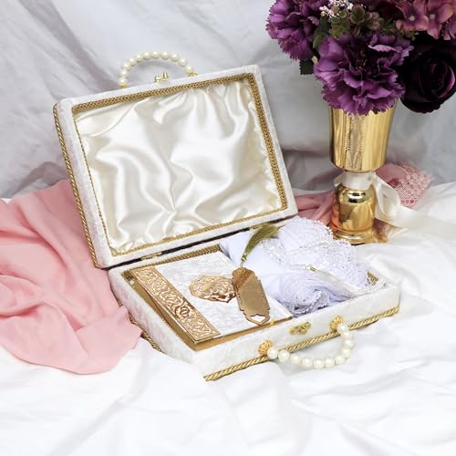 Modefa Islamic Luxury Pearl Islamic Gift Set - Holy Quran in Arabic - Velvet Box with Quran, Hijab, Tesbih, & Bookmark (White) - color: White