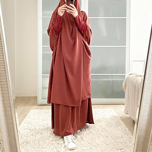 Prayer Clothes for Muslim Women Islamic Abaya Suit Maxi Skirt + Khimar Hijab 2pcss Burka Jilbab Kaftan - color: Orange