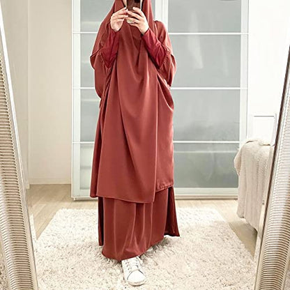 Prayer Clothes for Muslim Women Islamic Abaya Suit Maxi Skirt + Khimar Hijab 2pcss Burka Jilbab Kaftan - color: Orange