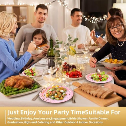 150 PCS Pink and Gold Paper Plates Napkins Forks Party Supplies Serves 50, Golden Dot Disposable Paper Dinnerware 9" Plates for Birthday, Bachelorette, Girl Birthday, Baby Shower - color: Pink Gold (Serves 50)