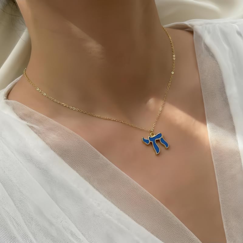 Hebrew Chai Necklace Chai Symbol Jewish Pendant for Men Women Stainless Steel Arabic Amulet Religion Jewelry - color: Blue-G