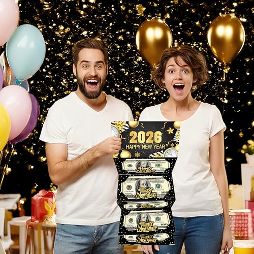 2026 New Year Money Envelopes for Cash Gifts Happy New Year Party Supplies 6PCS New Year's Eve Gifts Card Money Holder Black and Gold Surprise Cash Envelopes for Countdown Party
