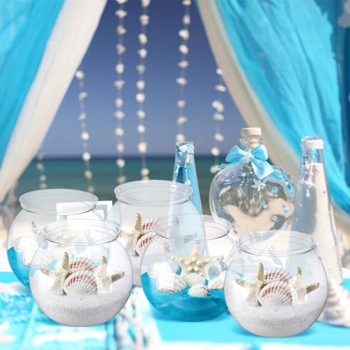 RoundFunny 12 Set 30 oz Beach Themed Party Table Centerpieces 4" Heavy Duty Round Plastic Fish Bowls Mixed Beach Natural Seashell Starfish with Blue Lights for Wedding Baby Shower Ocean Party Supplies