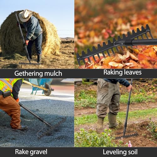 Bow Rake, Detachable Heavy Duty Metal Garden Rake for Loosening Soil, Leveling Lawn, Leaves Cleaning,63 Inch Long Handle Yard Rock Rake for Gardening,17 Prongs Leaf RakeThatch Rake for Lawn