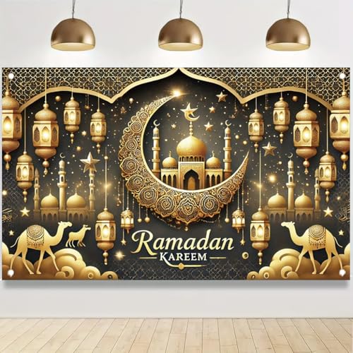Ramadan Kareem Banner 71x43 Inch Gold Crescent Moon Mosque Lantern Design Islamic Eid Mubarak Party Decoration for Home and Celebration - color: Style 2