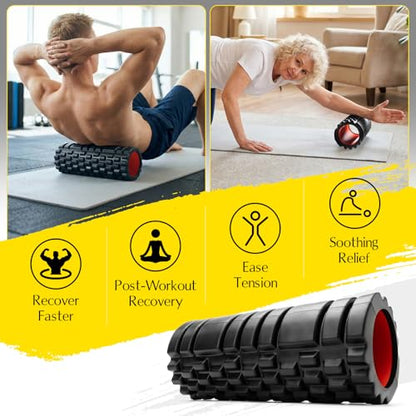 Foam Roller - 13'' Multi-Density Massage Roller for Deep Tissue & Muscle Recovery - Relieves Tight, Sore Muscles & Kinks, Improves Mobility & Circulation - Targets Key Body Parts (Black) - color: Black
