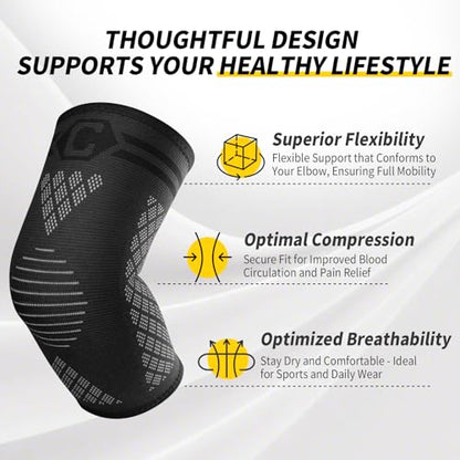 CAMBIVO 2 Elbow Sleeves and 1 Tennis Elbow Strap Set for Tendonitis Relief | Counterforce Pad Targets Extensor Pain, Adjustable Hook-and-Loop Fit, Breathable 3D Knit Sleeve, 2+1 Combo Set, Men & Women - color: Black(2Pcs Elbow Sleeve+1Pcs Elbow Strap), si