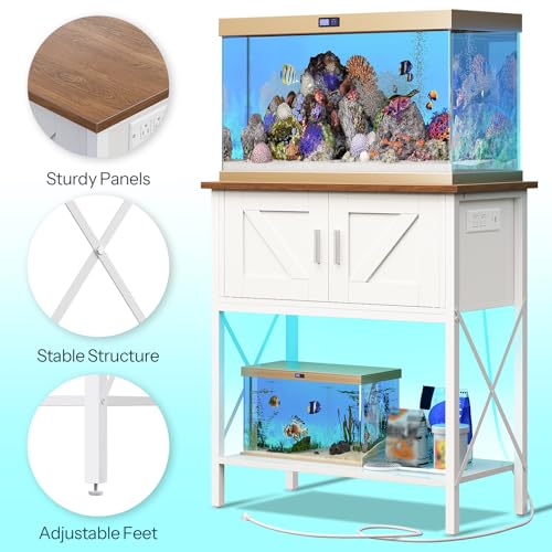 HOOBRO 20 Gallon Fish Tank Stand with Power Outlets and LED Light, Metal Frame Aquarium Stand, Reptile, Turtle Tank Stand with Cabinet Storage, 300 LBS Capacity, White and Walnut WH40UDFT01 - color: White + Walnut