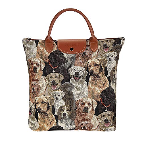 Signare Tapestry Foldable Tote Bag Reusable Shopping Bag Grocery Bag - color: Labrador Dog