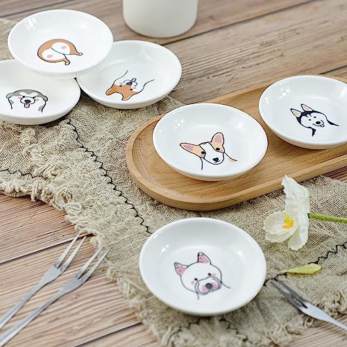 Super Cute Cartoon Animal Pattern Ceramic Sauce Dish/Seasoning Dish/Sushi Soy Dipping Bowl/Appetizer Plates/Serving Dish for Kitchen Home(Set of 6)-Dog Heads - color: Dog Head and Butt