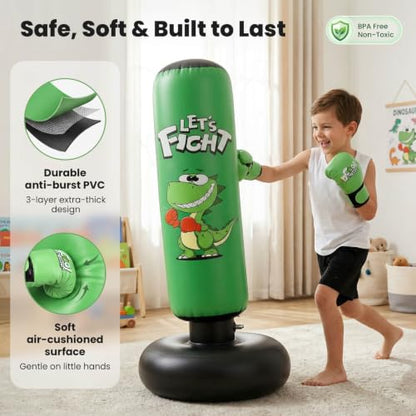 Inflatable Punching Bag, 48" Punching Bag for Kids with Boxing Gloves, Stable Boxing Set for Karate, Taekwondo,Dinosaur Toy & Gifts for Boys 3 4 5 6 7 8 Year Old - color: Green
