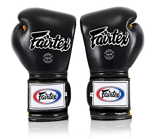 Fairtex BGV9 Muay 전문 복서 및 트레이너를 위한 | 하드 타자를 위한 멕시코 스타일 장갑 | 무술용 MMA 장갑 | 경량 및 충격 흡수 복싱 장갑 - color: 블랙/옐로우/블랙 파이핑, size: 14온스