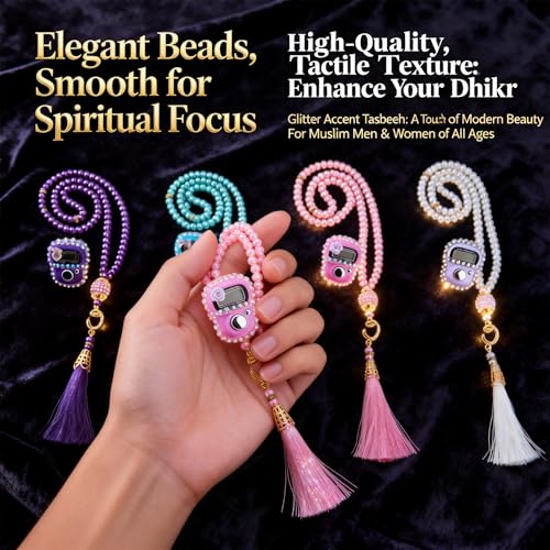 INSYOHO Islamic Prayer Beads & Glitter Tasbeeh Counter 4 Pack - Digital Finger Counter, Muslim Tasbih for Dhikr Meditation Ramadan, Elegant Islamic Gift - color: Pink + White + Sky Blue + Purple
