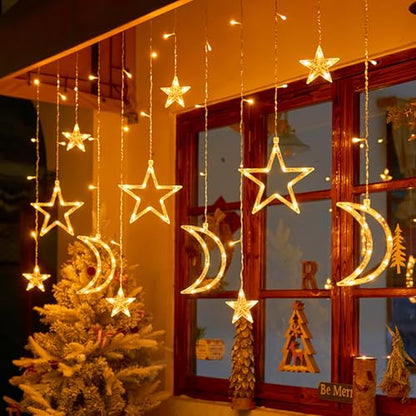 Moon Stars Solar String Lights for Outdoor, Christmas Decorations Curtain Lights with Remote Control and USB Backup Charger, Automatic ON-Off, IP65 Waterproof, Warm Yellow