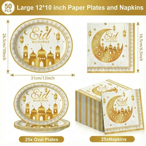 Dereinwo 50 Pcs Ramadan Eid Mubarak Large 12" x 10" Oval Paper Plates and Napkins Disposable Heavy Duty Paper Plates and Napkins for Ramadan Eid Mubarak Party Supplies - style: Eid Mubarak