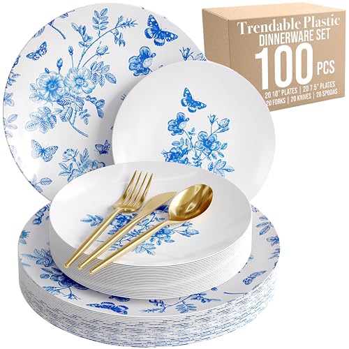 Trendables Fancy Plastic Dinnerware Sets 100 Pc Set 20 Guests Gold Silverware Disposable 20 X 10 Inch Charger Plates 20 X 8 Inch Dessert Plates 20 x Gold Plastic Forks and Spoons Knives In Botanical - color: Botanical