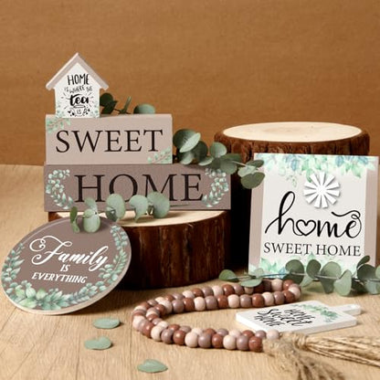Yousoontic 7 Pcs Home Sweet Home Wooden Table Decorations, Farmhouse Tiered Tray Decor Rustic, Wood Block Signs Table Centerpieces Bead Garland for Kitchen Tabletop Housewarming - style: Home Sweet Home