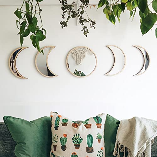MAXROCK Moon Phase Mirror Set, 5 Piece Scandinavian Natural Decor Wall Decorative Home Decor Bohemian Moon Mirror for Living Room Bedroom, Acrylic Mirror, Not Real Mirror - color: Beige