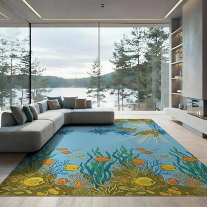 6'x9' Washable Beachy Sea Turtle Area Rug, Teal Non-Shedding Pet Friendly Room Rug for Queen Size Bedroom, Under Bed, Master Suite, Foldable Easy Care Carpet | Ref:1991881 - color: Blue/Pattern 46, size: 6' x 9' (Rectangular)