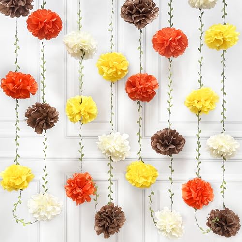 Fall Party Decorations Orange Yellow Brown Beige Tissue Paper Flowers Pom Pom Leaf Ribbon Hanging Garland Streamer for Thanksgiving Harvest Birthday Bachelorette Wedding Shower Party Supplies - color: Fall