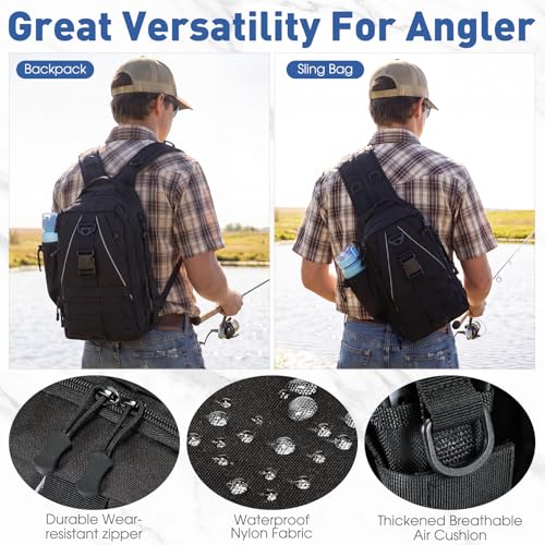 RoundFunny 256 Pcs Fishing Backpack with Tackle Box Gears, Tackle Sling Bag Backpack, Fishing Hook, Lures, Retractable Landing Net, Plier, Lip Gripper, Hook Remover, Fish Gift Men - color: Black