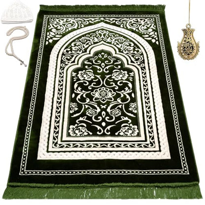 Modefa Turkish Islamic Velvet Prayer Rug - Thick & Wide Soft Praying Carpet for Men & Women - Eid & Ramadan Gift - with Kufi Cap, Beads & Car Hanger - Double Plush (Floral Arch - Green) - color: Floral Arch - Green