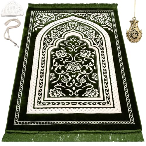 Modefa Turkish Islamic Velvet Prayer Rug - Thick & Wide Soft Praying Carpet for Men & Women - Eid & Ramadan Gift - with Kufi Cap, Beads & Car Hanger - Double Plush (Floral Arch - Green) - color: Floral Arch - Green