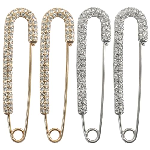 4 Pack Rhinestone Safety Pins Brooch Decorative Safety Pins for Clothing, Shawl Brooch Scarf Pins for Women Sweater Clips, Lapel & Hat Accessories(Gold & Silver)