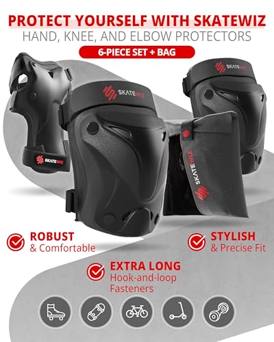 SKATEWIZ Knee and Elbow Pads Adult - Skating Protective Gear - PROTECT-1 - Size L Black - Wrist Guards Skating Pads, Skateboard, Roller Skate, Ice Skates For Women - color: Black, size: L - Teens and Adults