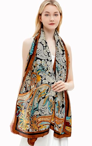 Women Silk Scarves Long Satin Lightweight Outdoor Shawl Wraps Printed Head Scarf 70''X35'' - color: 103-black/Orange