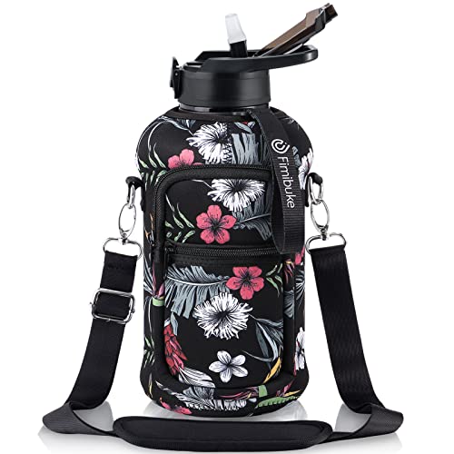 Fimibuke Half Gallon Water Bottle with Sleeve 64 OZ Water Bottle with Handle & Straw Leakproof Motivational Sports Gym Water Bottle with Time Marker BPA Free Water Jug with Reusable Neoprene Holder - color: C1.White Hibiscus