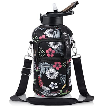 Fimibuke Half Gallon Water Bottle with Sleeve 64 OZ Water Bottle with Handle & Straw Leakproof Motivational Sports Gym Water Bottle with Time Marker BPA Free Water Jug with Reusable Neoprene Holder - color: C1.White Hibiscus
