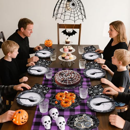 96 Pcs Halloween Plates and Napkins Set - Black Spider Webs Dinner Dessert Paper Plates Cocktail Napkins Forks Disposable Tableware for Spiderweb Halloween Party Decorations Supplies Favors, Serve 24 - style: Halloween